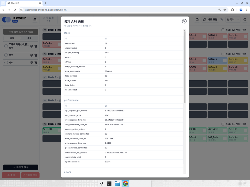 통계 창 - 전체 현황과 성능
